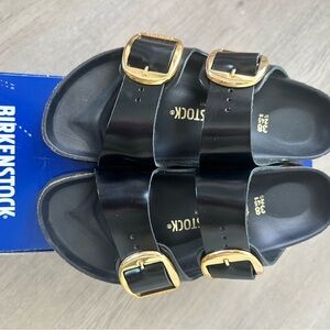 Birkenstock NEW Arizona High-shine Black Sandals with Large Gold Buckles